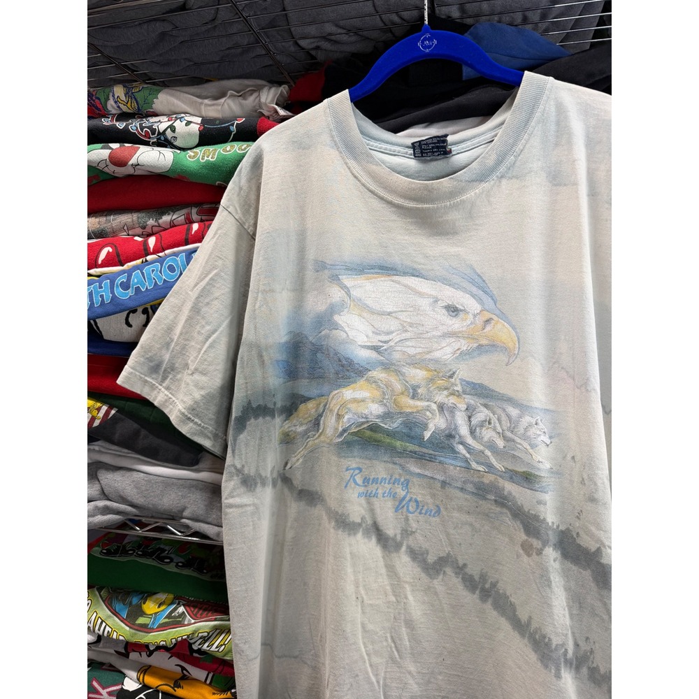 Vintage 90s Nature Running with the Wind Eagle Wolf T-Shirt Mens M Blue Grey